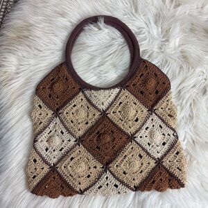Vintage crochet handbag purse, Vtg 70s brown diamond pattern summer vacation